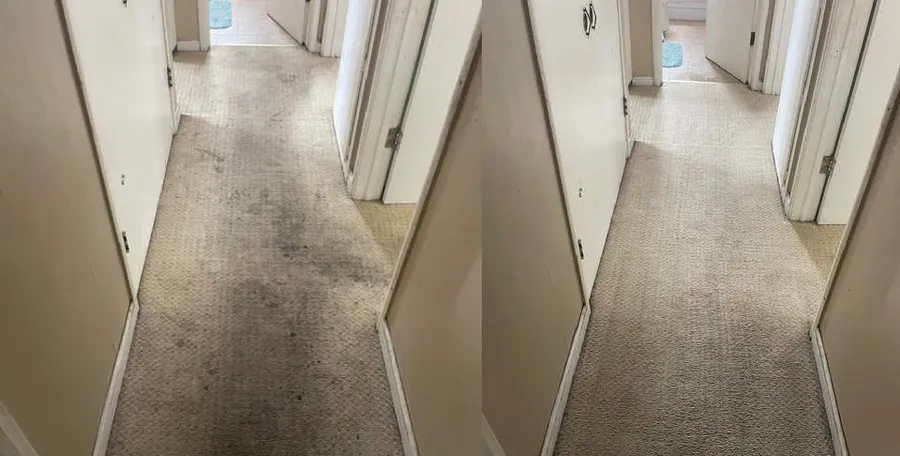 Hallway carpet restoration before and after in San Ramon